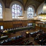 The Great Hall of Justice of the Peace Palace during the ICJ hearings in the Belgium v. Senegal case, on 12 March 2012. 