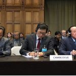 Members of the Delegation of Cambodia, pictured on 11 November 2013 during the delivery of the Judgment in the case concerning the Request for Interpretation of the Judgment of 15 June 1962 in the Case concerning the Temple of Preah Vihear (Cambodia v. Thailand) (Cambodia v. Thailand), under the presidency of H.E. Judge Peter Tomka.