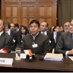 Members of the Delegation of Bolivia, at the opening of hearings in the case concerning the Obligation to Negotiate Access to the Pacific Ocean (Bolivia v. Chile), on Monday 4 May 2015, at the Peace Palace in The Hague, the seat of the Court. The hearings concern solely the preliminary objection to jurisdiction raised by Chile.