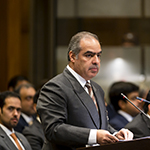 The Agent of Bahrain, H.E. Shaikh Fawaz bin Mohammed Al Khalifa, on the first day of the hearings