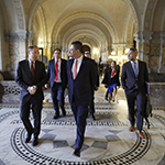 H.E. Mr. Philippe Gautier, Registrar of the International Court of Justice, welcomes H.E. Mr. Rodrigo Chaves Robles, President of the Republic of Costa Rica, and his retinue, in the entrance hall of the Peace Palace, seat of the Court