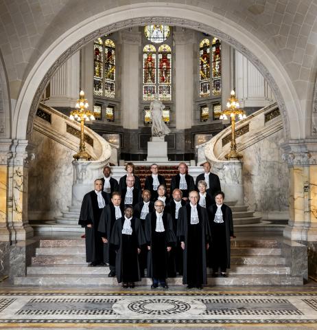 Members and Registrar of the International Court of Justice at the foot of the grand staircase of the Peace Palace in July 2024. Members and Registrar of the International Court of Justice at the foot of the grand staircase of the Peace Palace in July 2024.