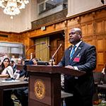 The Hon. John Muria Jnr, Attorney General (Solomon Islands) Photograph: UN Photo/ICJ-CIJ/Frank van Beek. Courtesy of the ICJ.
