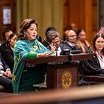 HE Ms Arzu Rana Deuba, PhD, Minister for Foreign Affairs (Nepal) Photograph: UN Photo/ICJ-CIJ/Frank van Beek. Courtesy of the ICJ.