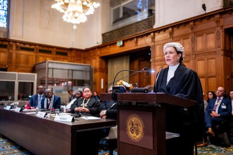 Ms Philippa Webb, Professor of Public International Law, Blavatnik School of Government, University of Oxford, member of the Bars of Belize, England and Wales, and the State of New York, Twenty Essex Street Chambers (Tuvalu) Photograph: UN Photo/ICJ-CIJ/Frank van Beek. Courtesy of the ICJ.
