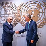 The President of the International Court of Justice, HE Judge Nawaf Salam, welcomes HE Mr Marcelo Rebelo de Sousa, President of the Portuguese Republic Photograph: UN Photo/ICJ-CIJ/Frank van Beek. Courtesy of the ICJ. All rights reserved.